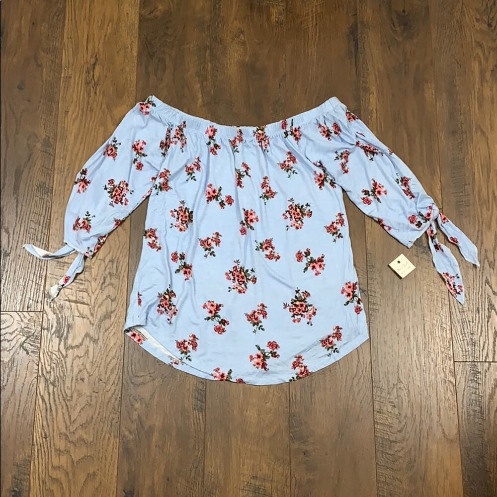 Ultra Flirt sky blue off the shoulder floral top